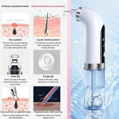 Electric Blackhead Vacuum Remover showing suction types and features for deep cleaning skin.