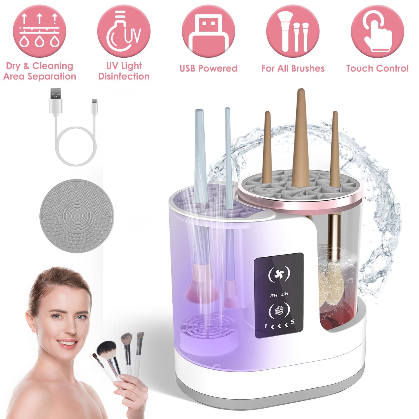 4 In 1 Electric Makeup Brush Cleaner featuring USB power, UV light disinfection, and touch control for clean brushes.