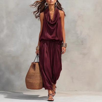 Model wearing Simona Two-Piece Top & Pants Set in burgundy, showcasing a stylish and comfy outfit for casual outings.
