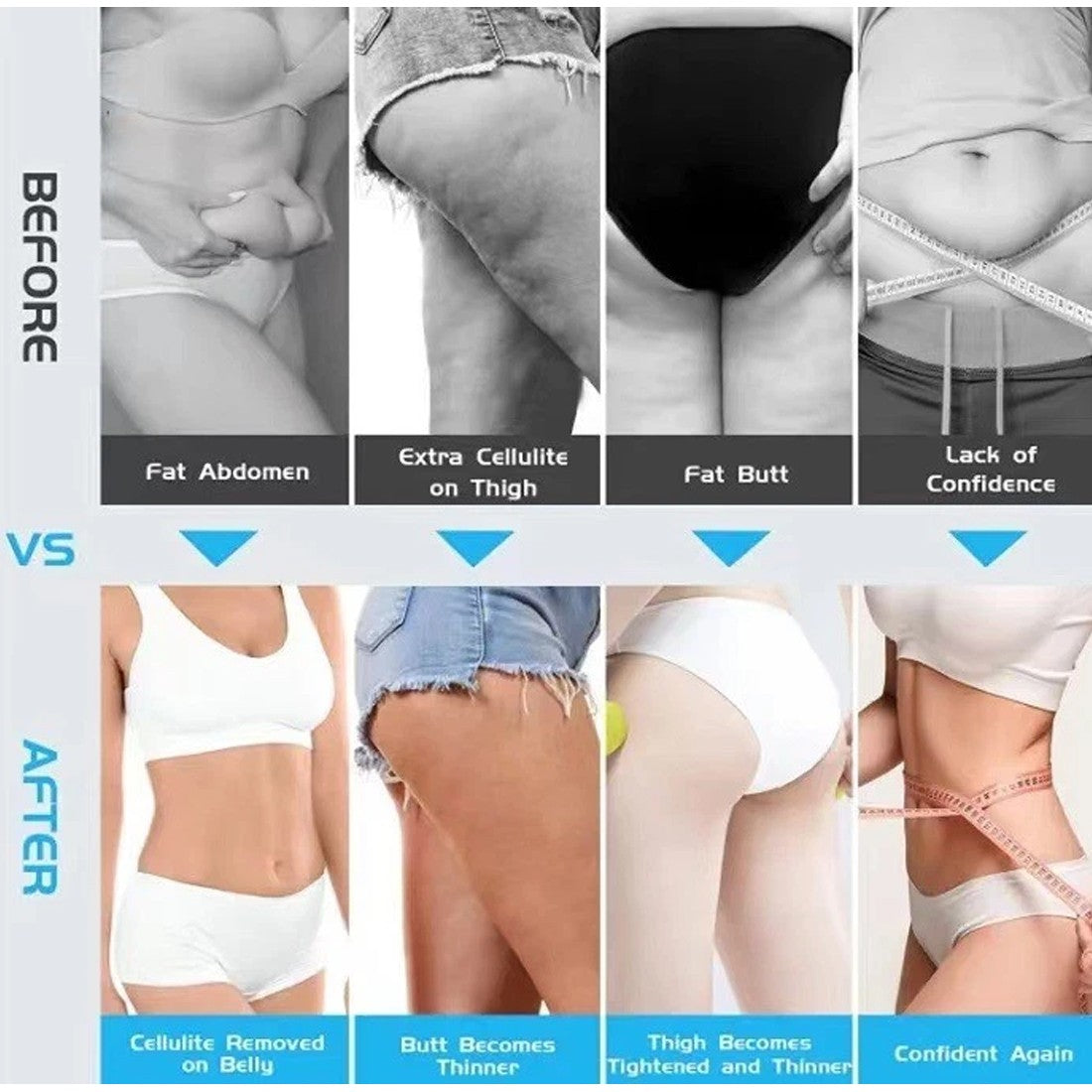 Before and after results of Electric Cellulite Massager Body Sculpting Lifting Device showing reduced cellulite and improved confidence.