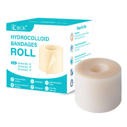 Hydrocolloid Roll Acne Patch for Blemish & Skin Care product packaging displayed next to a roll of hydrocolloid bandages