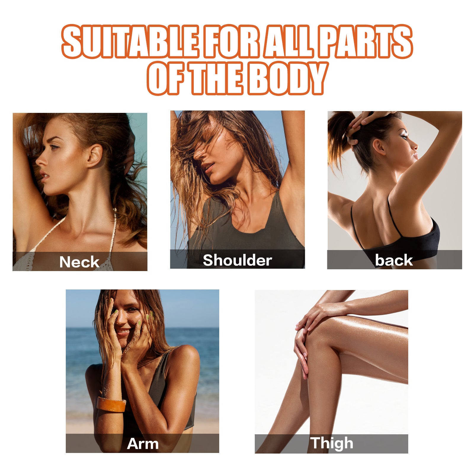 Image showing the Intensive Tanning Gel Body Bronzer Even Skin Tone suitable for all parts of the body: neck, shoulder, back, arm, and thigh.
