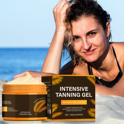 Image of a woman using Intensive Tanning Gel Body Bronzer Even Skin Tone beside the product packaging on the beach.