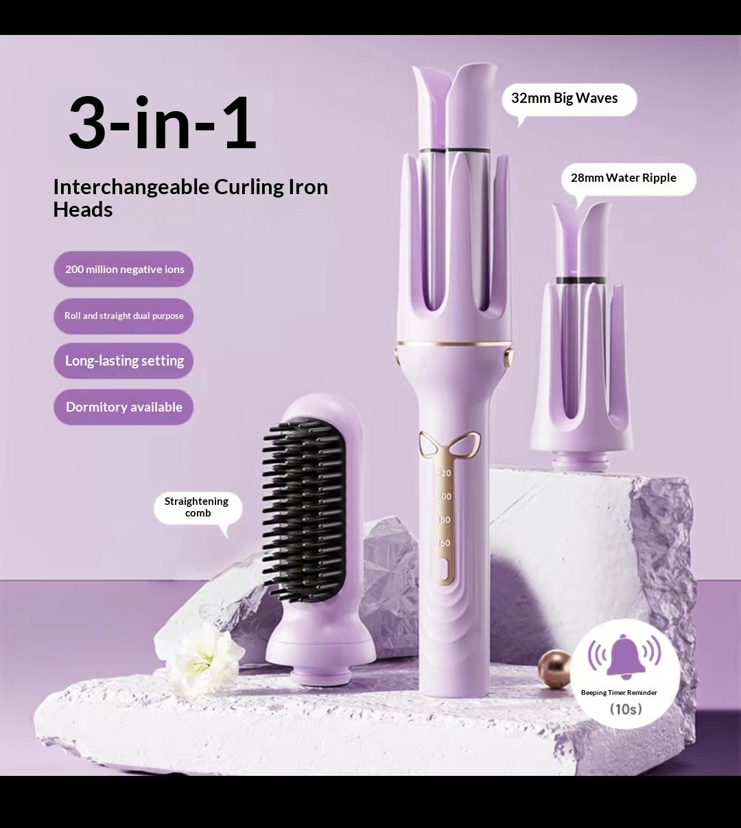 3-in-1 Interchangeable Curling Hair Stick for Effortless Curls & Hair Styling with various heads and features.