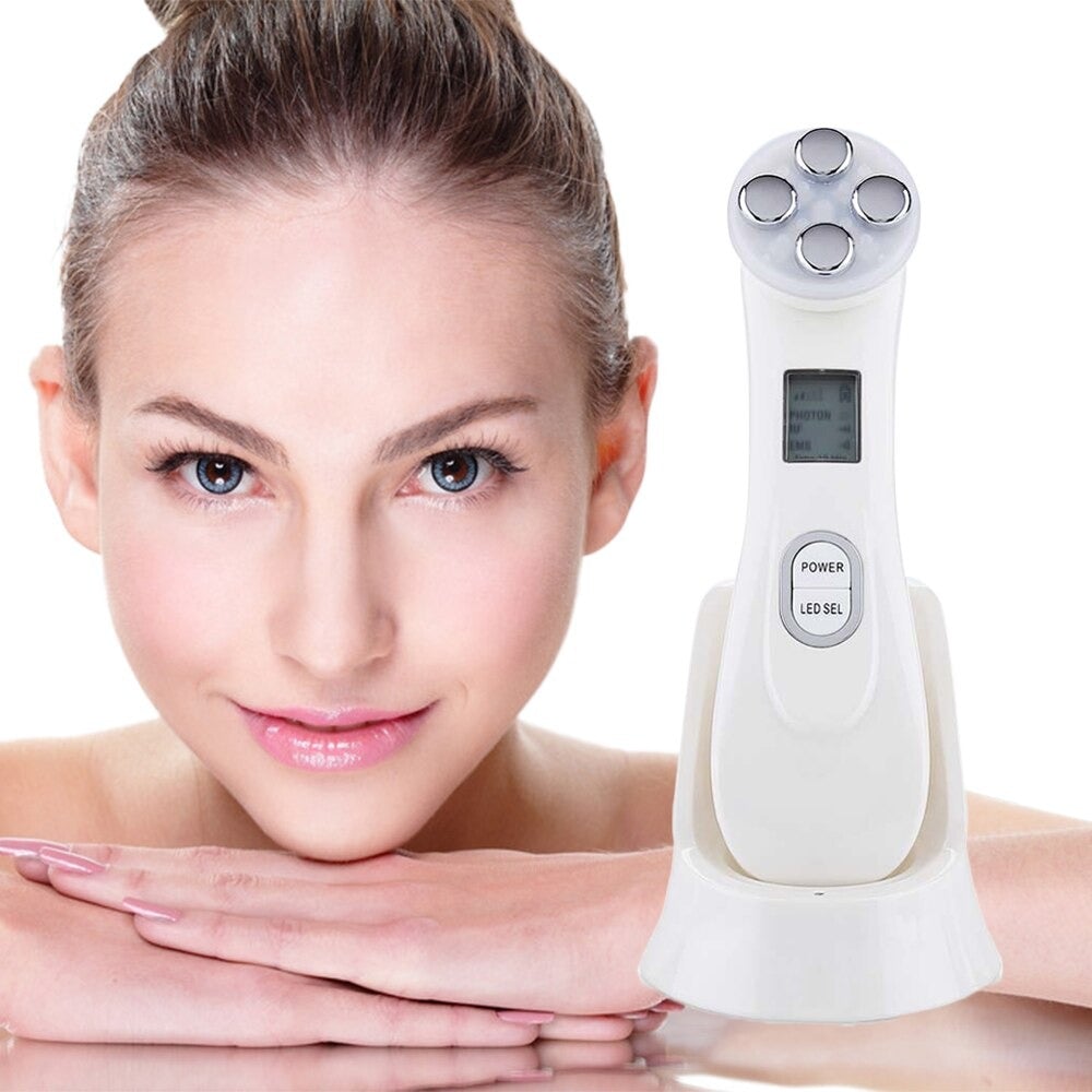 5-in-1 Electric Face Massager Device with user showcasing skincare routine for smoother skin.