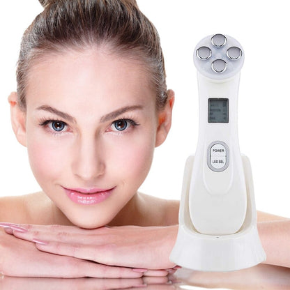 5-in-1 Electric Face Massager Device with user showcasing skincare routine for smoother skin.