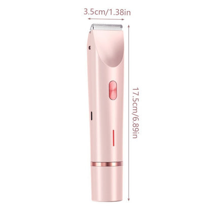 2-in-1 Electric Razor for Women in pink color showing dimensions 3.5cm x 17.5cm, ideal for bikini trimming.