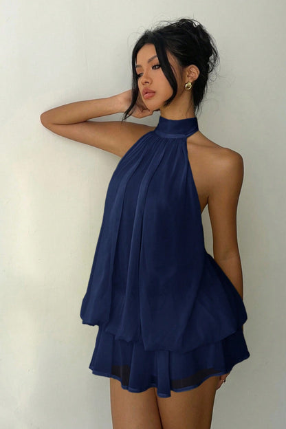 Backless Halter Mini Dress Y2K Party Outfit in navy blue, showcasing a stylish and trendy silhouette for special occasions.