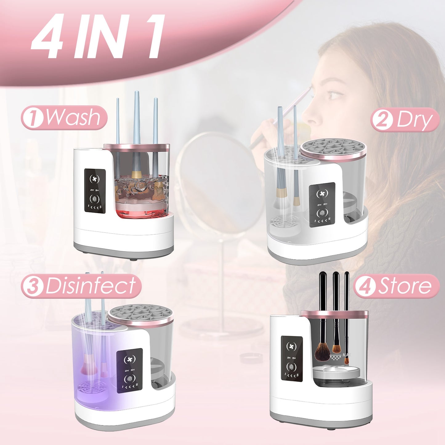4 In 1 Electric Makeup Brush Cleaner for washing, drying, disinfecting, and storing makeup brushes.