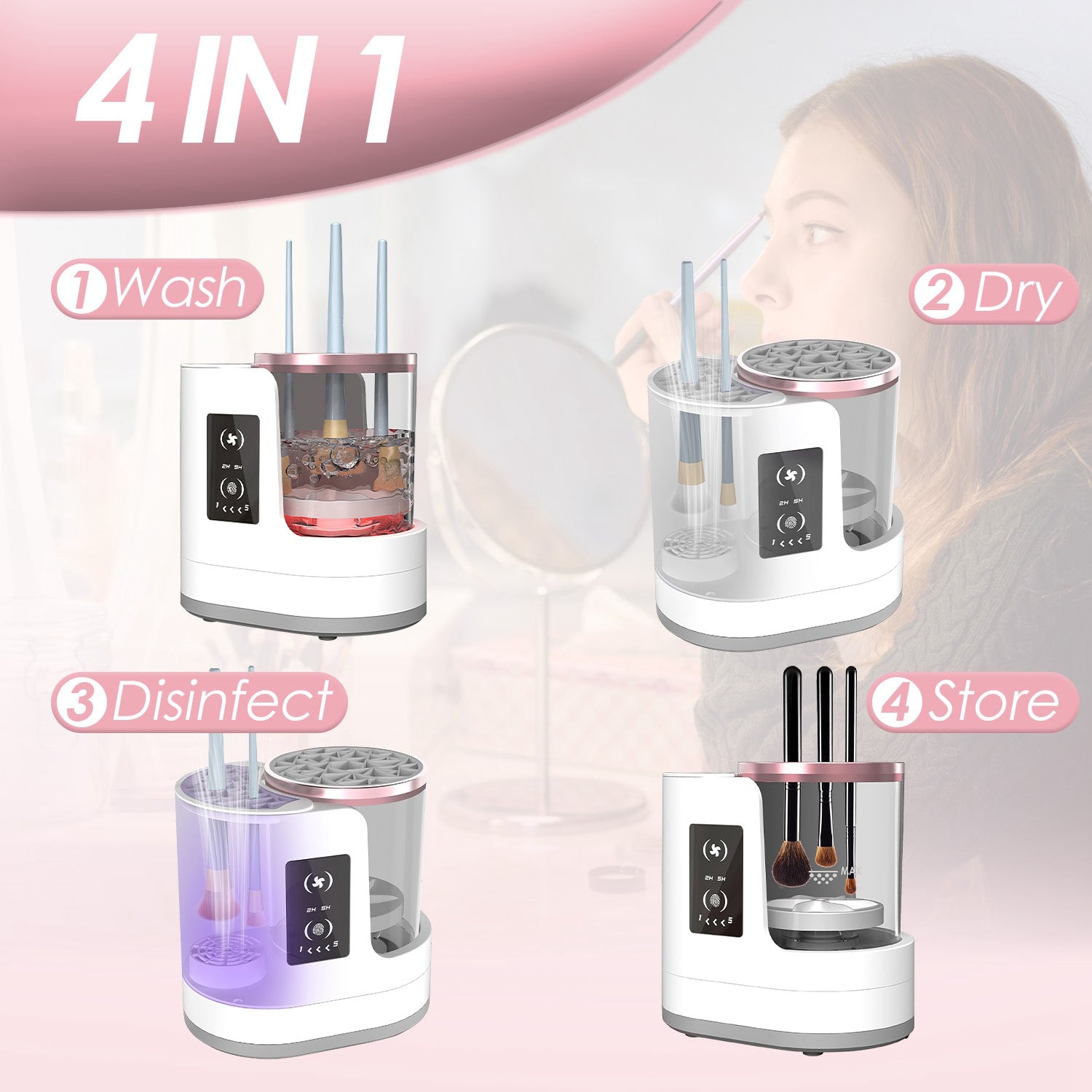 4 In 1 Electric Makeup Brush Cleaner for washing, drying, disinfecting, and storing makeup brushes.