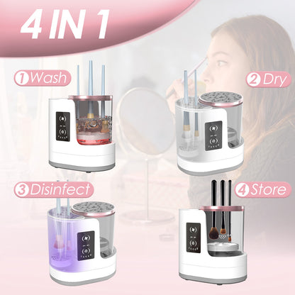 4 In 1 Electric Makeup Brush Cleaner for washing, drying, disinfecting, and storing makeup brushes.