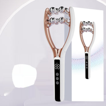 Facial Massager for Face and Neck in rose gold and white with digital display and roller balls for skincare.