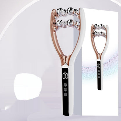 Facial Massager for Face and Neck in rose gold and white with digital display and roller balls for skincare.