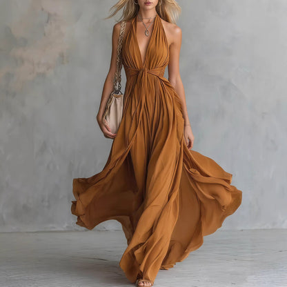 FLAVIA Long Purple Dress Keyhole Neckline Chiffon Lace Trim model wearing flowy brown dress outdoors