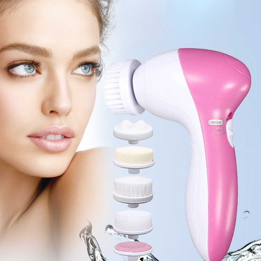 5 in 1 Electric Facial Cleansing Brush Set showcased with a model demonstrating its use for skincare.