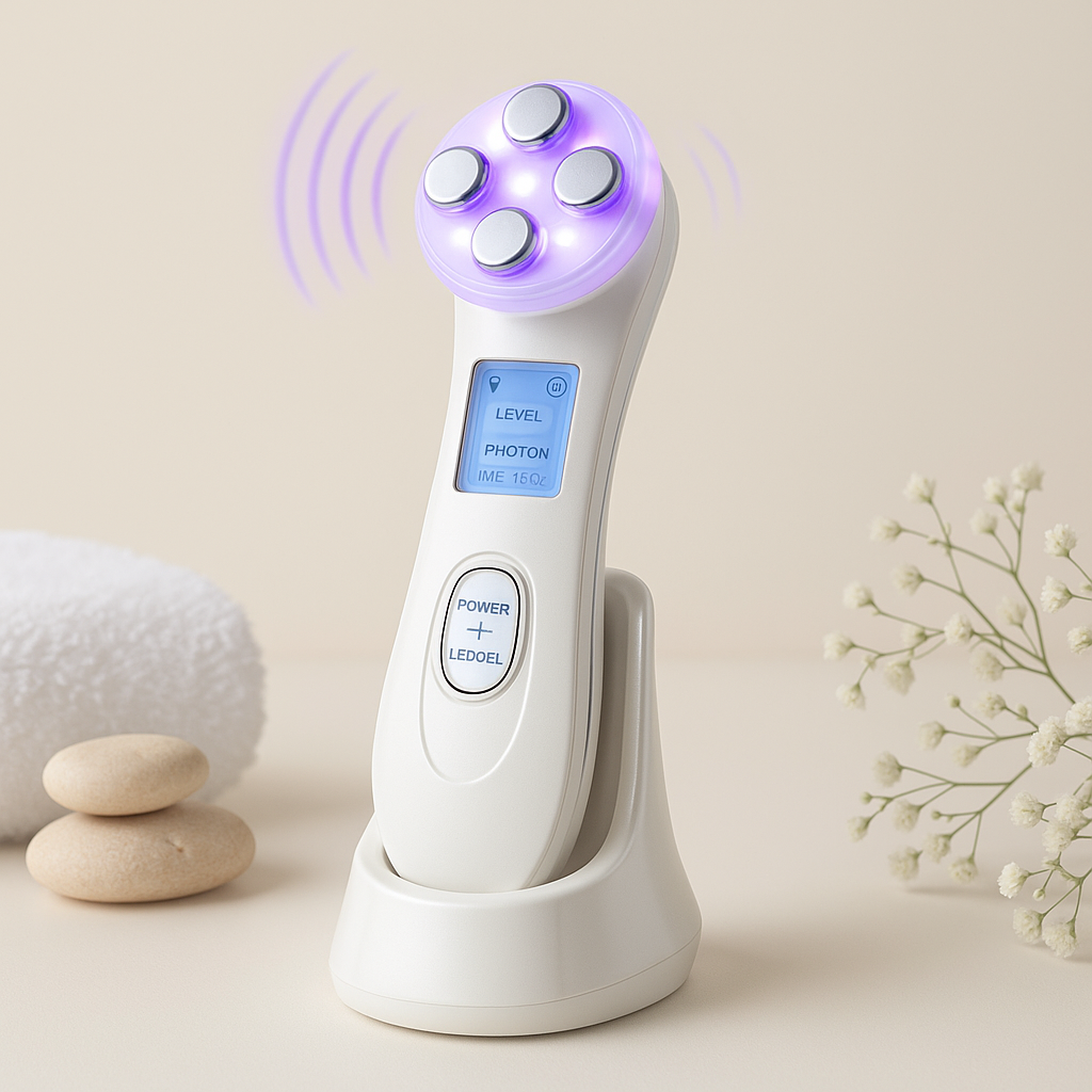 5-in-1 Electric Face Massager Device with LED light, power buttons, and display screen for skincare routine