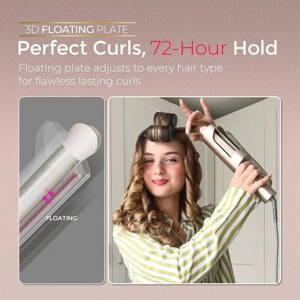Automatic Rotating Curling Iron for Long Hair showcasing 3D floating plate for perfect curls with 72-hour hold.