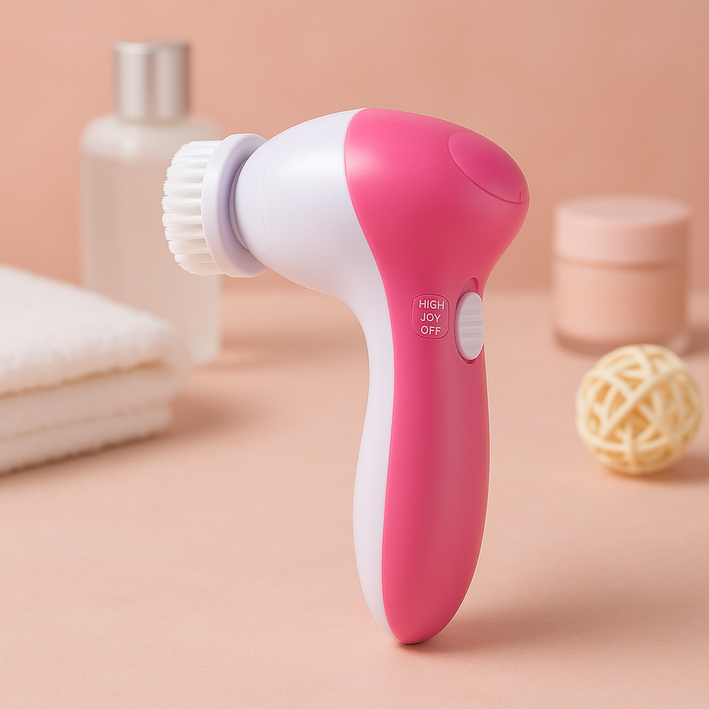 5 in 1 Electric Facial Cleansing Brush Set on a soft background with skincare products, showcasing multifunctional design.