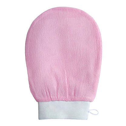 Scrub Exfoliating Gloves for Deep Cleansing & Smooth Skin in pink fabric design.