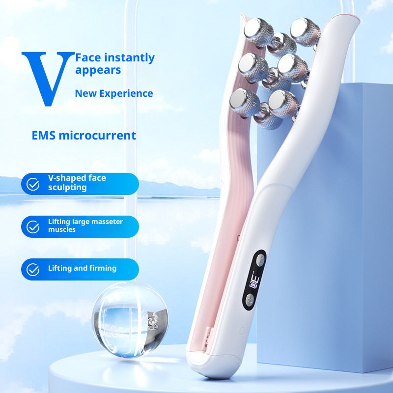 FaceSculpt EMS Microcurrent Face Lifting Beauty Roller displaying ergonomic design and microcurrent technology for facial sculpting.