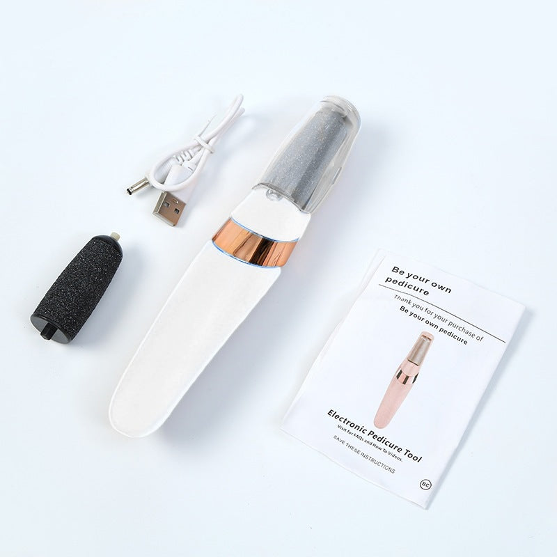 Electric Dead Skin Pedicure Callus Remover for Smooth Feet with USB charger and instruction manual.