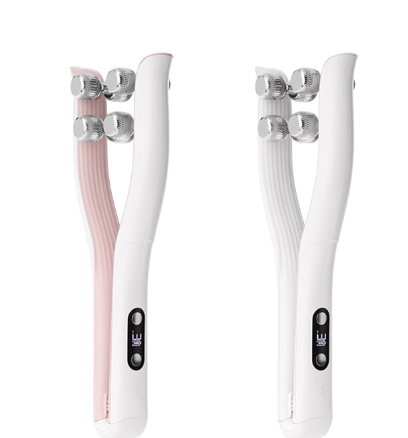 FaceSculpt EMS Microcurrent Face Lifting Beauty Roller in pink and white designs, ergonomic and portable.