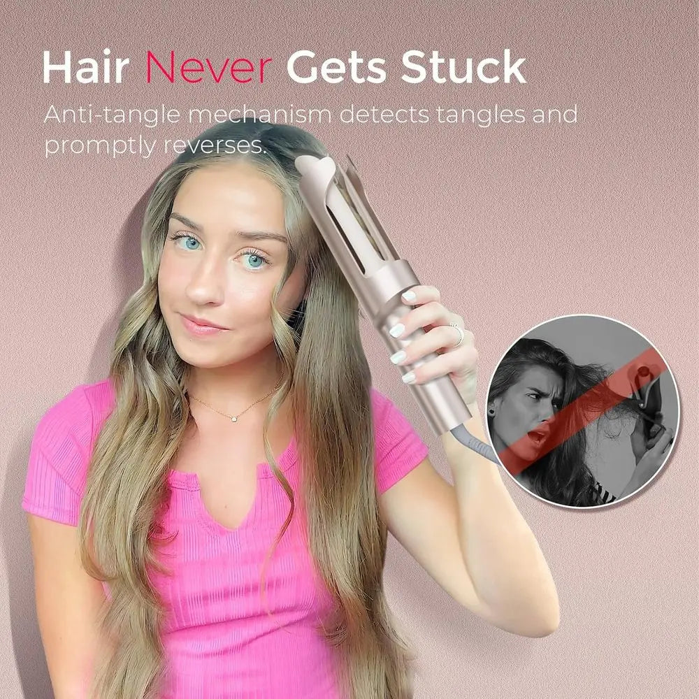 Automatic Rotating Curling Iron for Long Hair demonstrating anti-tangle feature while styling hair.