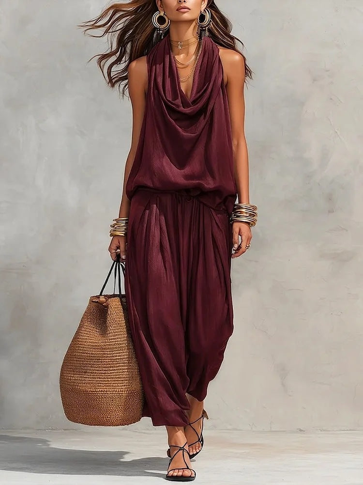 Simona Two-Piece Top & Pants Set worn by a model with a large tote bag, showcasing a stylish casual look.