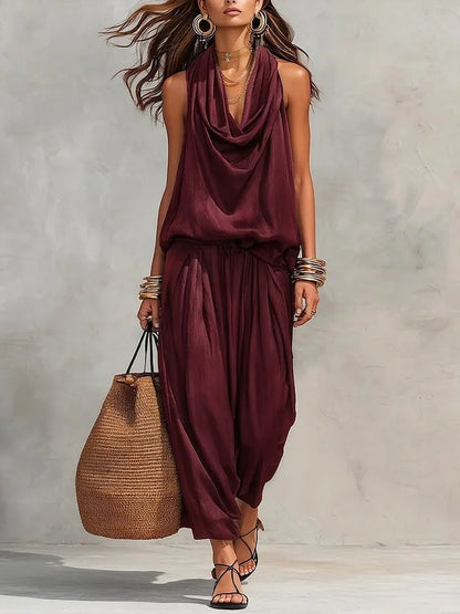 Simona Two-Piece Top & Pants Set worn by a model with a large tote bag, showcasing a stylish casual look.