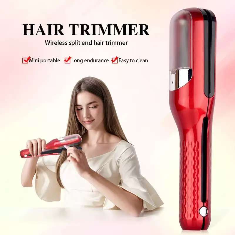 Split End Hair Trimmer for Smooth Healthy Looking Hair in red, highlighting its wireless and portable features.