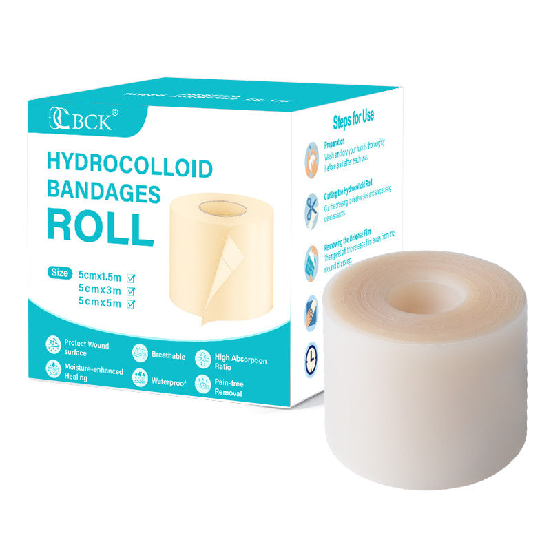 Hydrocolloid Roll Acne Patch for Blemish & Skin Care package with roll and box showing features and sizes.