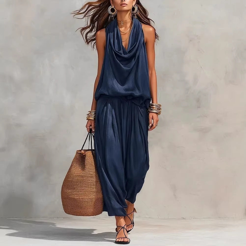 Simona Two-Piece Top & Pants Set modeled by a woman, showcasing a stylish and comfortable look for casual outings.