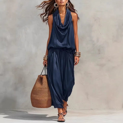Simona Two-Piece Top & Pants Set modeled by a woman, showcasing a stylish and comfortable look for casual outings.
