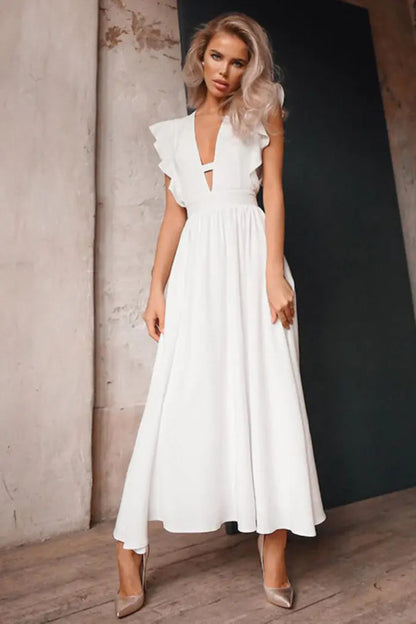 GraceFlow White Elegant Midi Dress worn by a model showcasing its stylish design and elegant flow.