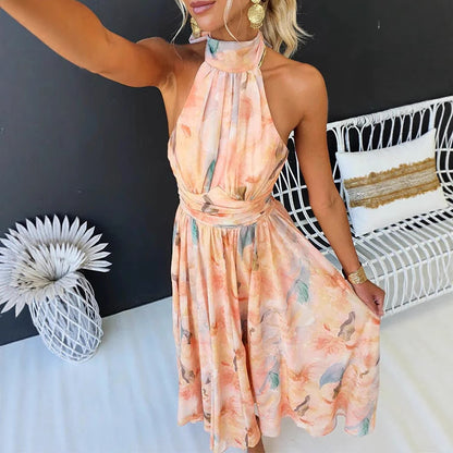 Elegant Flower Print Sleeveless Dress on a model in soft floral design, perfect for summer outings.