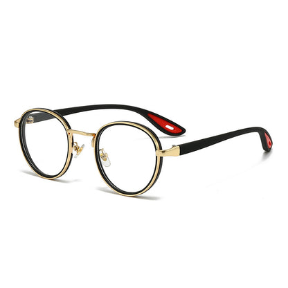 Vintage designer outdoor sunglasses in round shape with gold frame and black accents.
