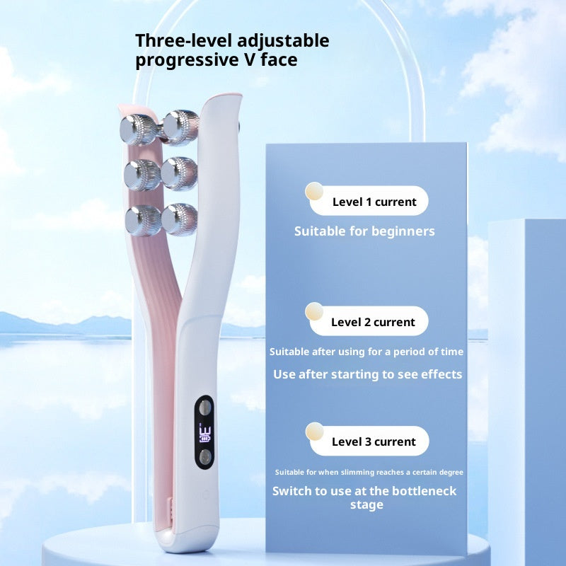 FaceSculpt EMS Microcurrent Face Lifting Beauty Roller with three-level adjustable settings for progressive facial lifting.