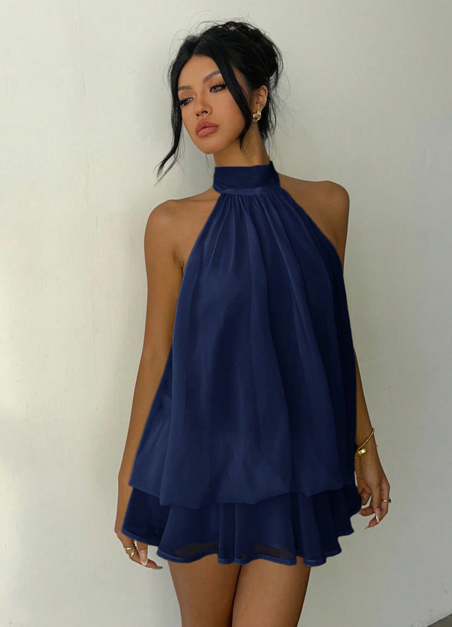 Backless Halter Mini Dress Y2K Party Outfit in navy, stylish trendy design for parties and special occasions.