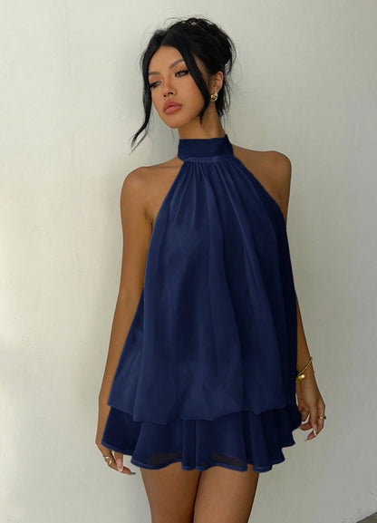 Backless Halter Mini Dress Y2K Party Outfit in navy, stylish trendy design for parties and special occasions.