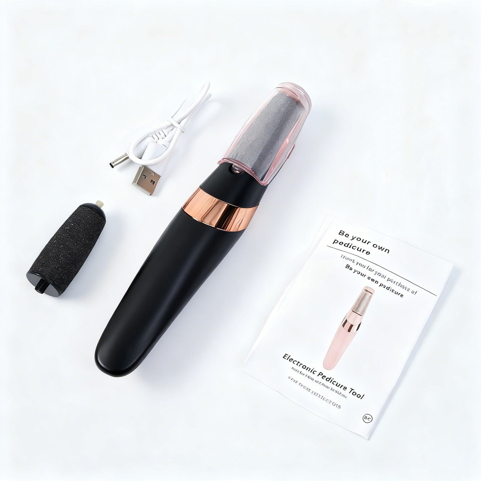 Electric Dead Skin Pedicure Callus Remover for Smooth Feet, electric tool with charger and manual laid out.
