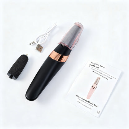 Electric Dead Skin Pedicure Callus Remover for Smooth Feet, electric tool with charger and manual laid out.