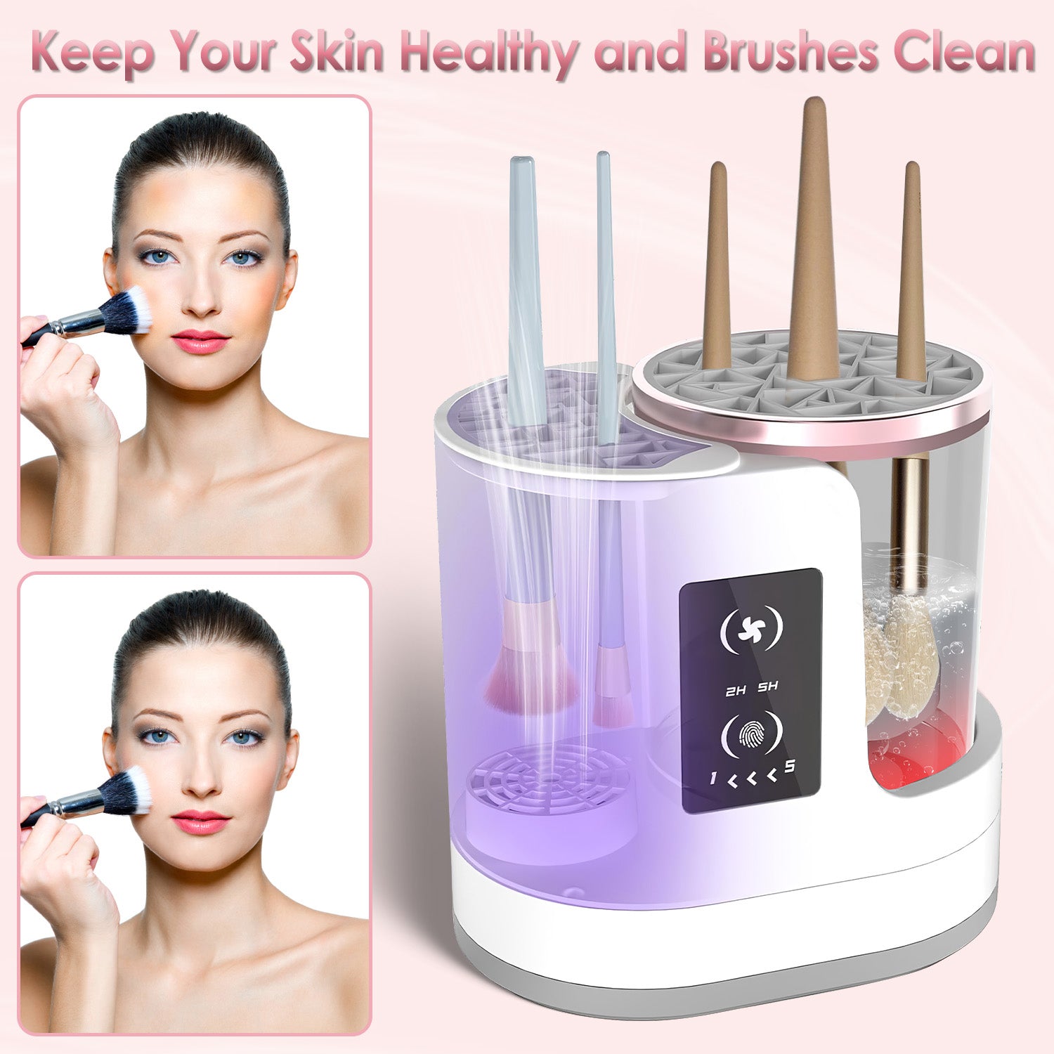 4 In 1 Electric Makeup Brush Cleaner showcasing features for keeping skin healthy and brushes clean.