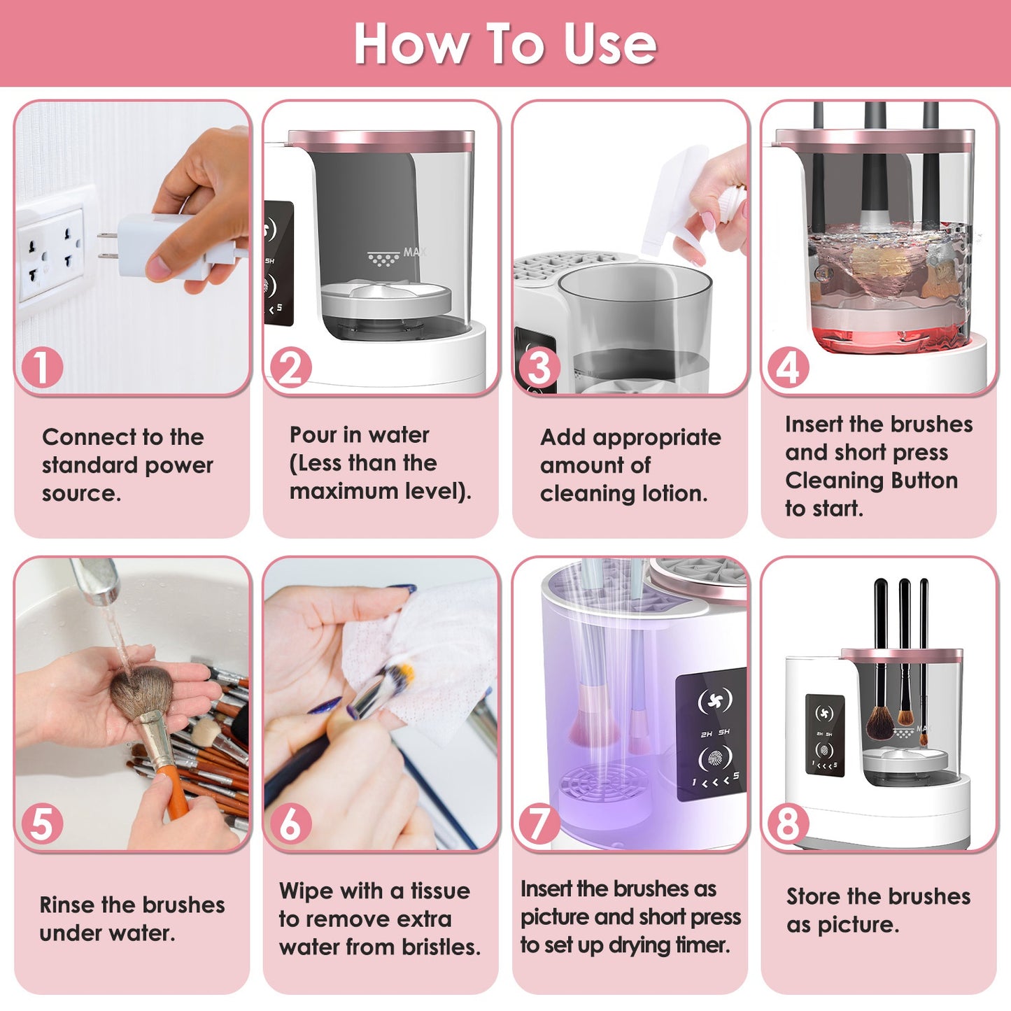 Step-by-step guide on how to use the 4 In 1 Electric Makeup Brush Cleaner.
