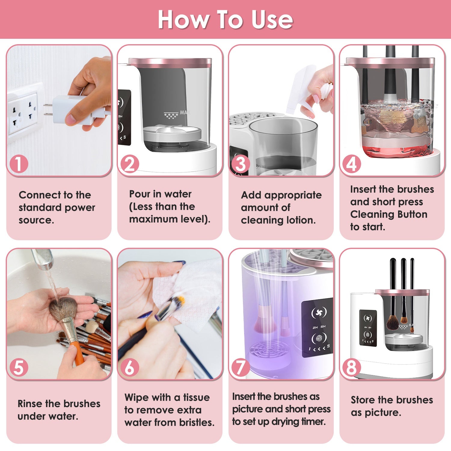 Step-by-step guide on how to use the 4 In 1 Electric Makeup Brush Cleaner.