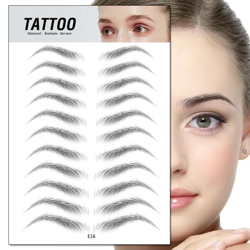 4D Waterproof Eyebrow Tattoo Stickers displayed next to a model's face showcasing natural-looking brows.