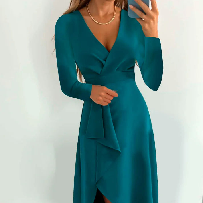 Women's Long-sleeved V-neck Pleated Split Dress in teal, showcasing elegant design and flattering silhouette.