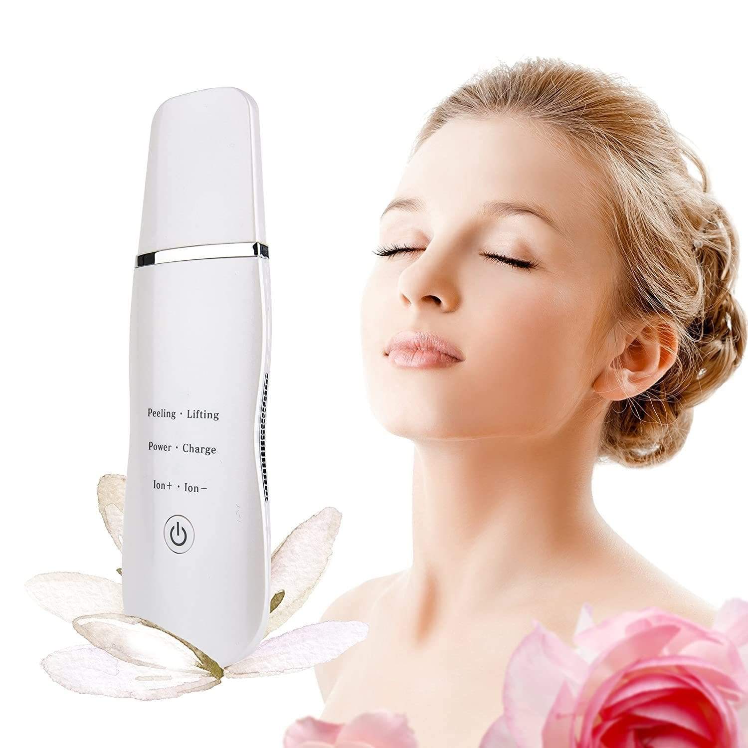 Deep Facial Cleanser & Face Scrubber displayed with a woman enjoying its benefits for refreshed skin.