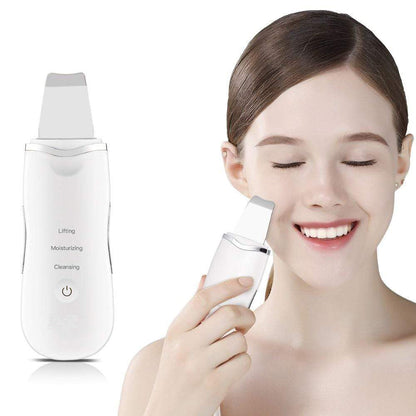 Deep Facial Cleanser & Face Scrubber shown with a woman using the ultrasonic device for skin cleaning and rejuvenation.