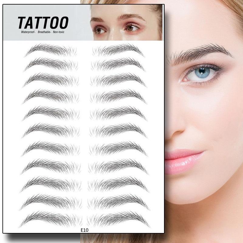 4D Waterproof Eyebrow Tattoo Stickers featuring various natural brow designs next to a model's face.