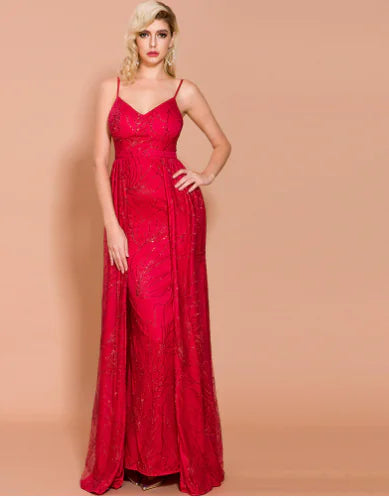 Elegant V-Neck Backless Party Dress for Women in red with intricate detailing, ideal for formal events and special occasions.